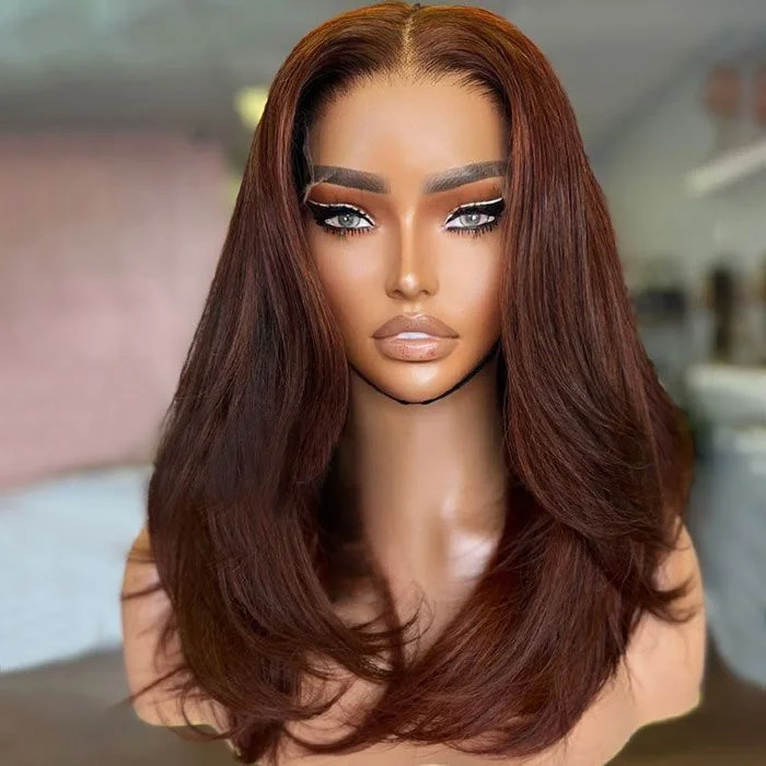 Shoulder Length Middle Part Layered Soft Wavy Auburn Brown Lace Front Wigs