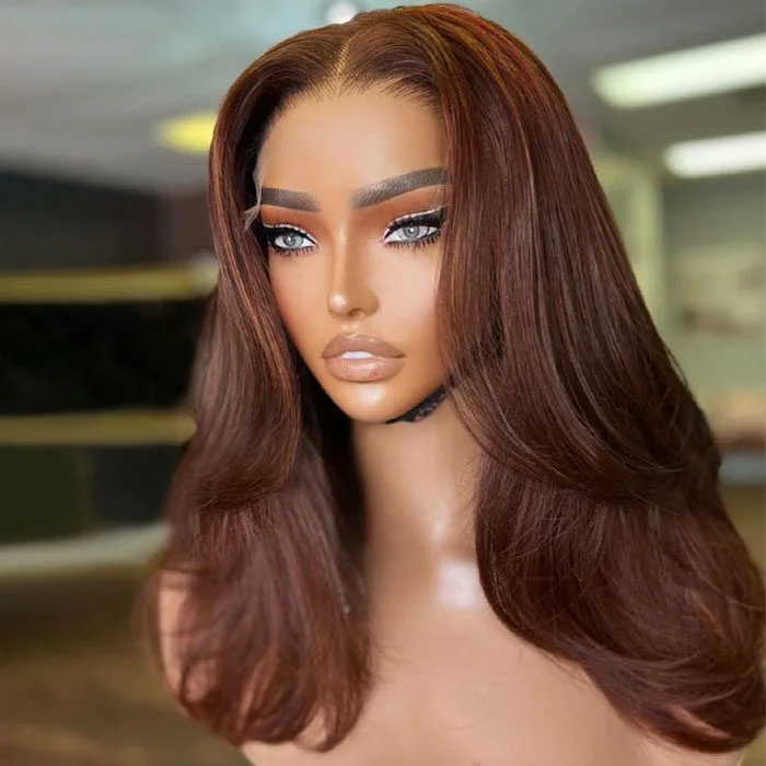 Shoulder Length Middle Part Layered Soft Wavy Auburn Brown Lace Front Wigs