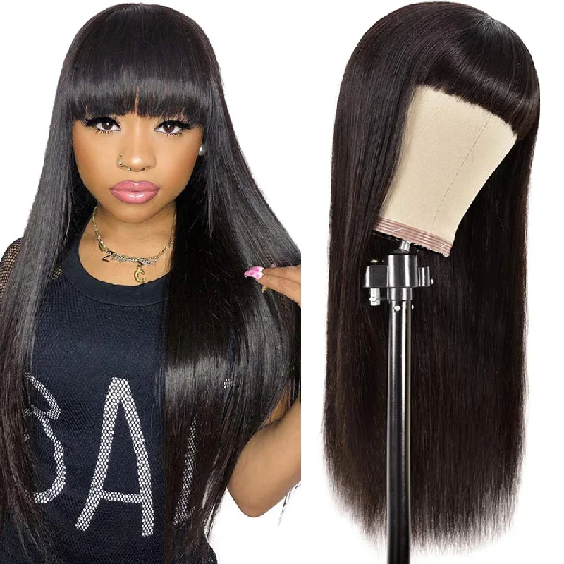 Silky Brazilian Virgin Straight Human Hair Wigs with Bangs 130% Density None Lace Front Wigs