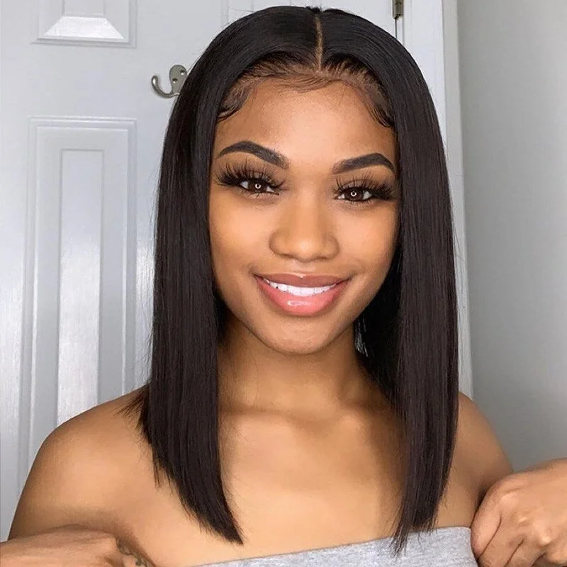 Silky Straight Black Bob Wig 13x4 Front Lace Human Hair Wig Pre Plucked Hairline With Baby Hair