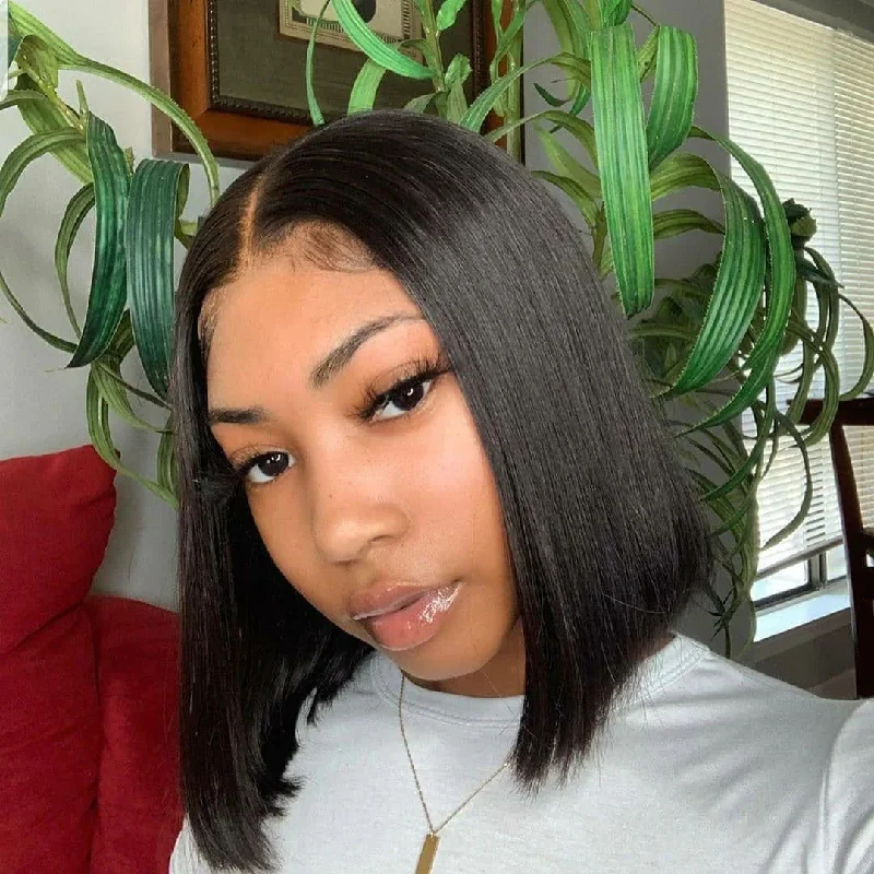 Silky Straight Black Bob Wig 13x4 Front Lace Human Hair Wig Pre Plucked Hairline With Baby Hair