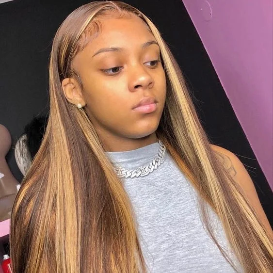 Silky Straight Ombre #4#27 Transparent Lace Frontal Human Hair Wig