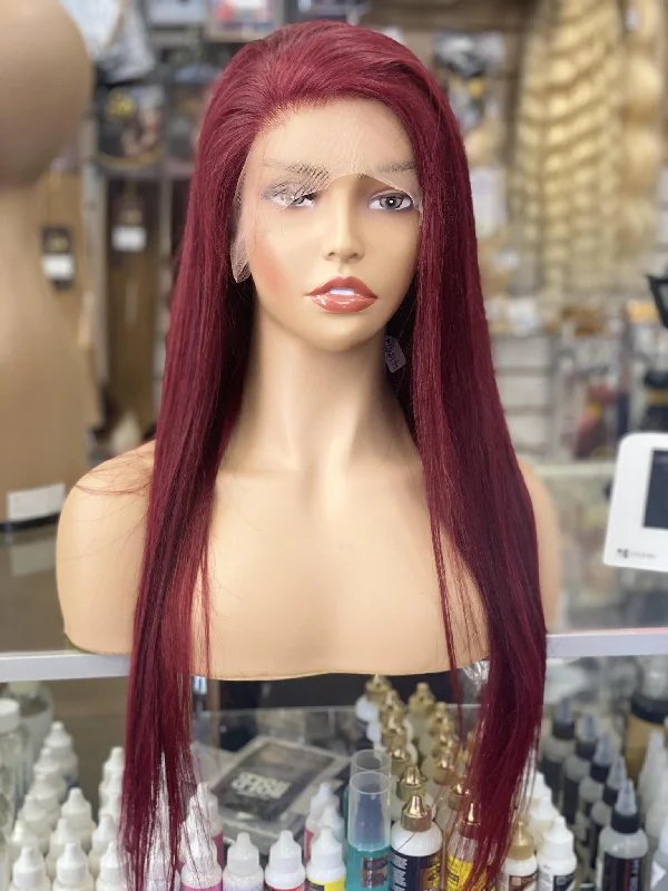 SS 100% Human Hair 13 x 4  Ruby Burgundy Wig  24""