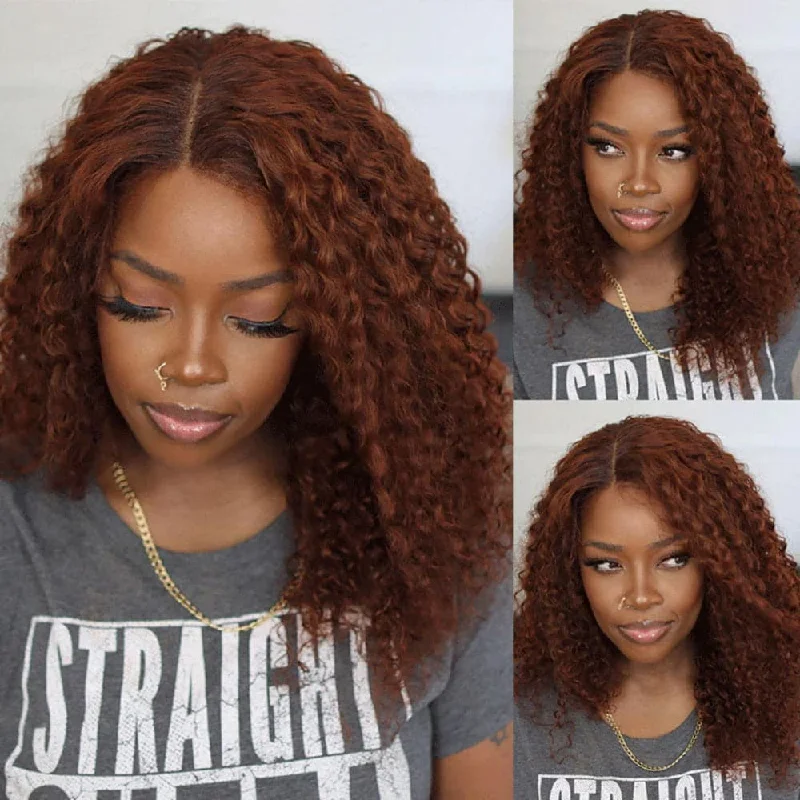 Sterly #33 Reddish Brown Colored Short Bob Wig 13×4 HD Lace Frontal Wig Curly Human Hair