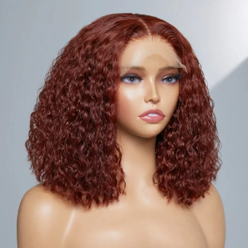 Sterly #33 Reddish Brown Colored Short Bob Wig 13×4 HD Lace Frontal Wig Curly Human Hair