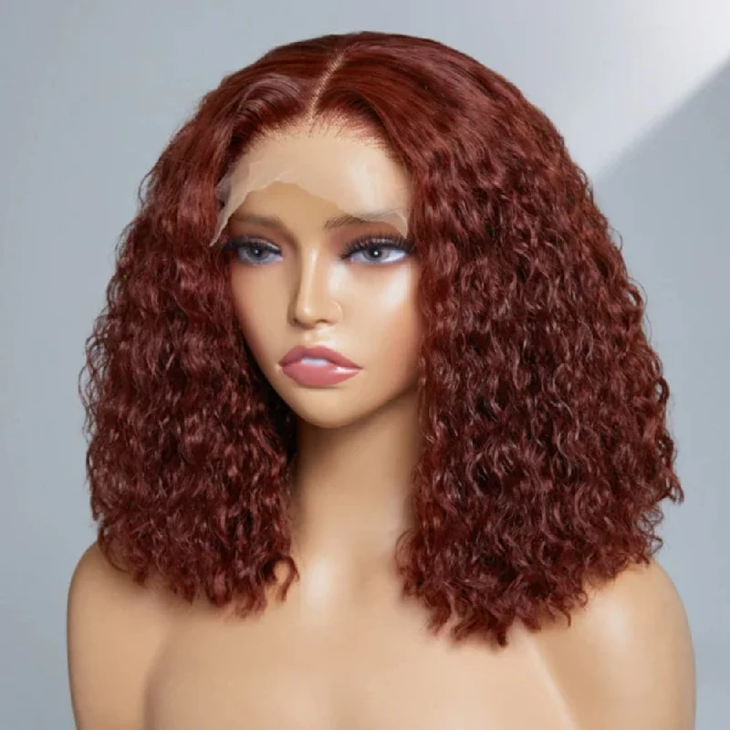 Sterly #33 Reddish Brown Colored Short Bob Wig 13×4 HD Lace Frontal Wig Curly Human Hair