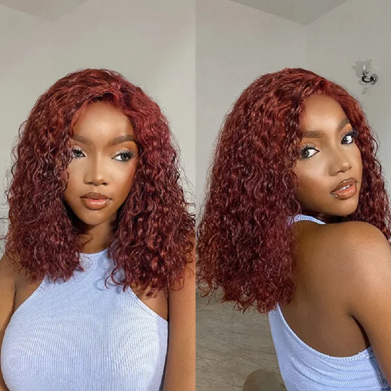 Sterly #33 Reddish Brown Colored Short Bob Wig 13×4 HD Lace Frontal Wig Curly Human Hair