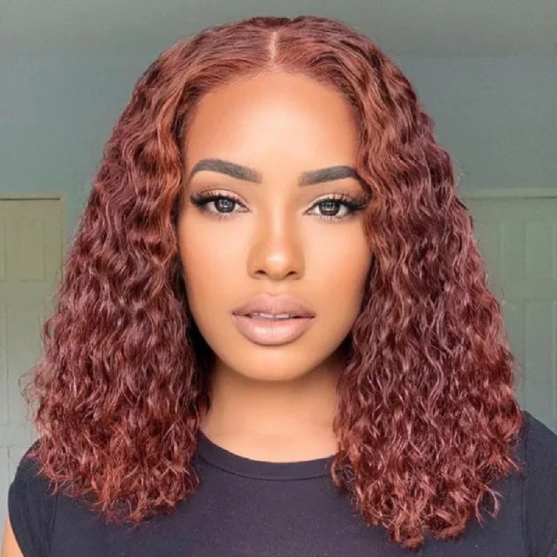 Sterly #33 Reddish Brown Colored Short Bob Wig 13×4 HD Lace Frontal Wig Curly Human Hair