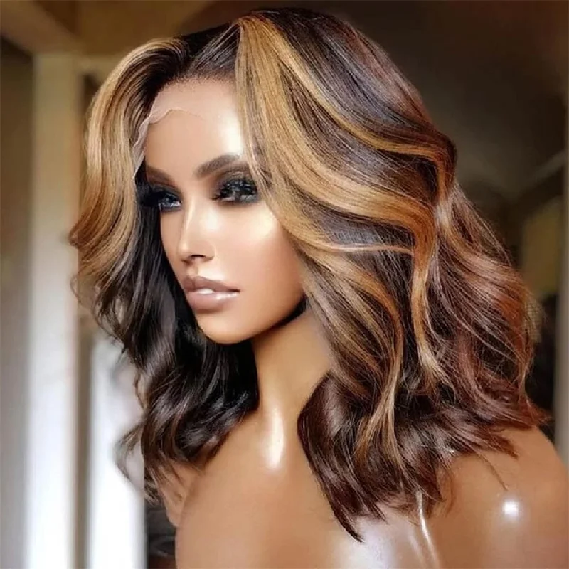 Sterly P4/27 Highlight Colored Short Body Wave HD Lace Human Hair Wig Shoulder Length 180% Density