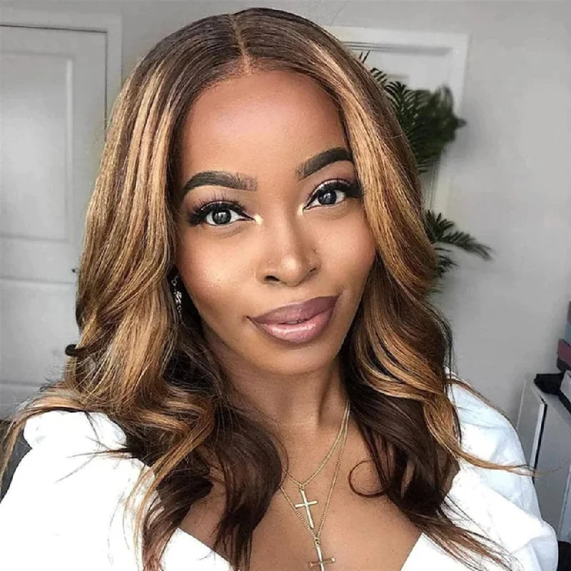 Sterly P4/27 Highlight Colored Short Body Wave HD Lace Human Hair Wig Shoulder Length 180% Density