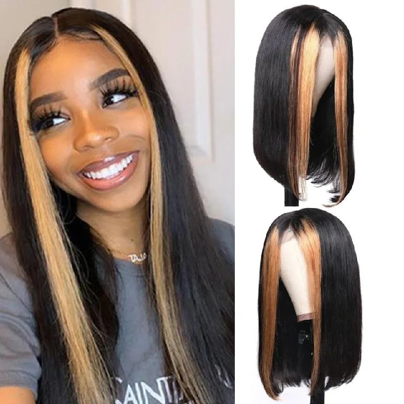 Vrvogue Hair Straight Hair Natural Black With Blond Brown Highlights  Brazilian Remy 13x4/T Part/4x4  Lace Front Wigs Human Hair Wigs