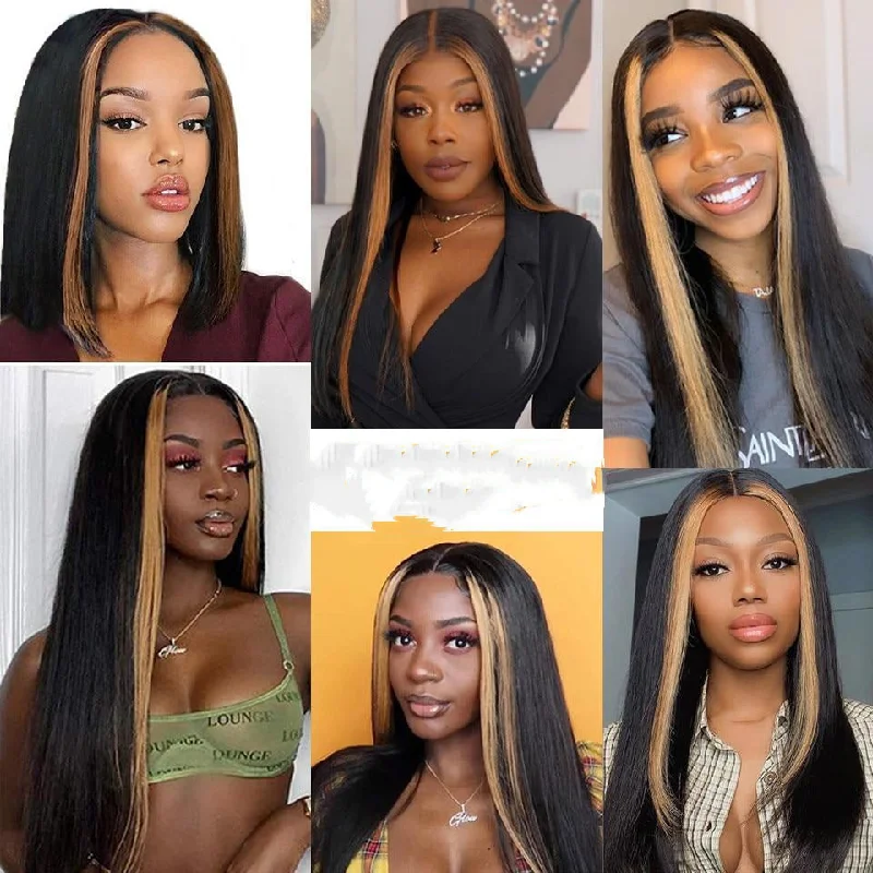 Vrvogue Hair Straight Hair Natural Black With Blond Brown Highlights  Brazilian Remy 13x4/T Part/4x4  Lace Front Wigs Human Hair Wigs