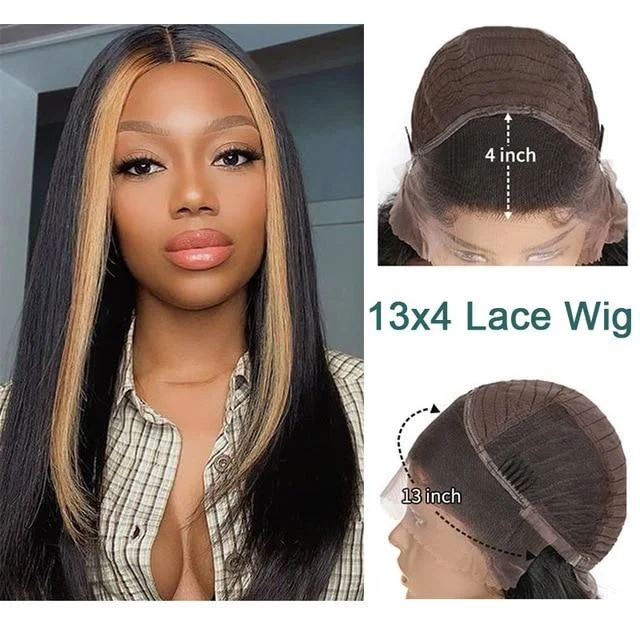 Vrvogue Hair Straight Hair Natural Black With Blond Brown Highlights  Brazilian Remy 13x4/T Part/4x4  Lace Front Wigs Human Hair Wigs