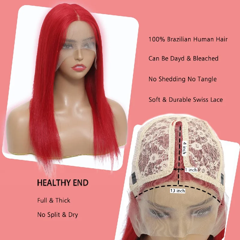 Tara Straight Human Hair T Part Lace Front Wig # Red