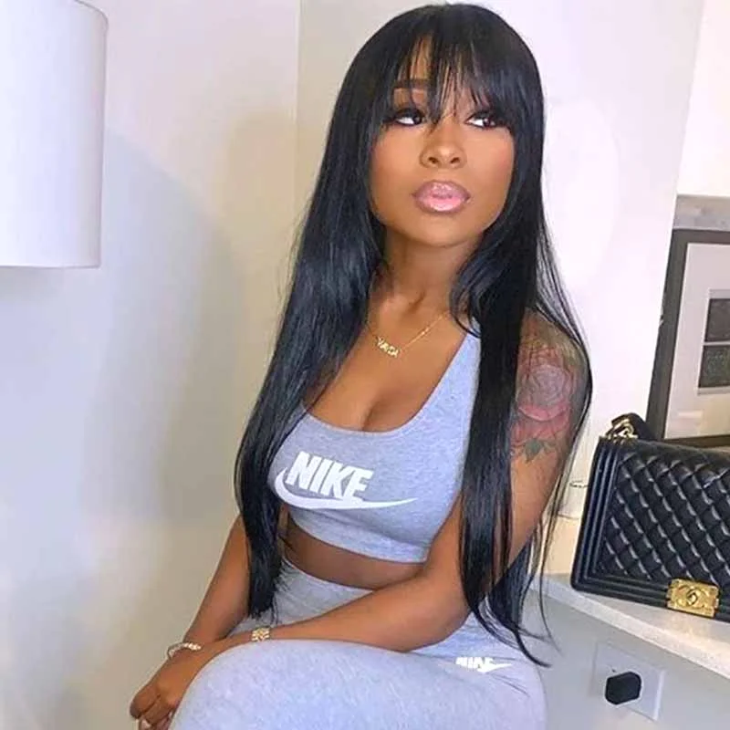 Long Straight Lace Wigs with Bangs Brazilian Human Hair for Black Women