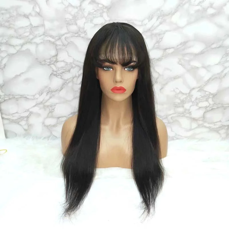 Long Straight Lace Wigs with Bangs Brazilian Human Hair for Black Women