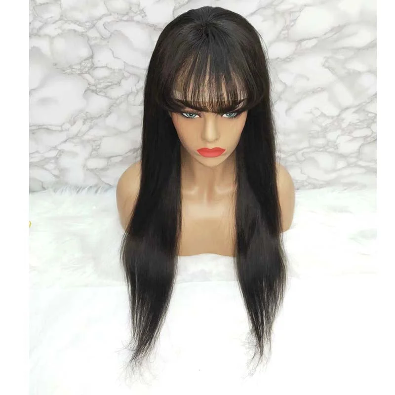 Long Straight Lace Wigs with Bangs Brazilian Human Hair for Black Women