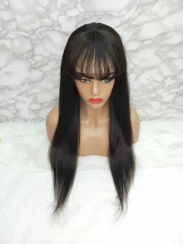 Long Straight Lace Wigs with Bangs Brazilian Human Hair for Black Women