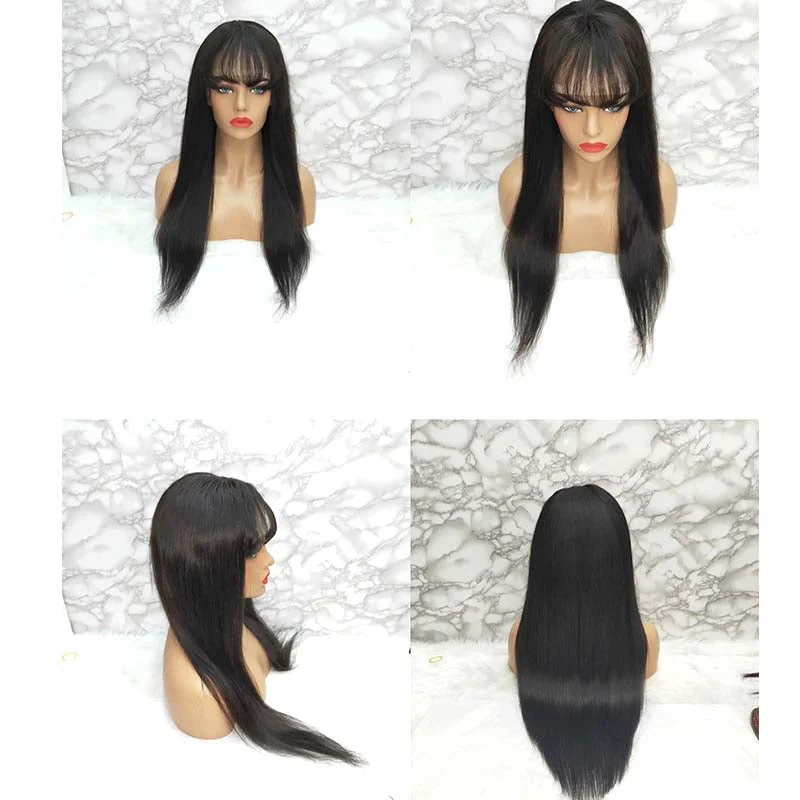 Long Straight Lace Wigs with Bangs Brazilian Human Hair for Black Women