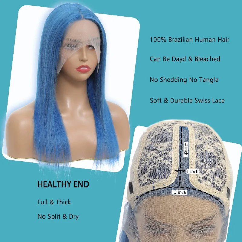 Tara Straight Human Hair T Part Lace Front Wig # Blue