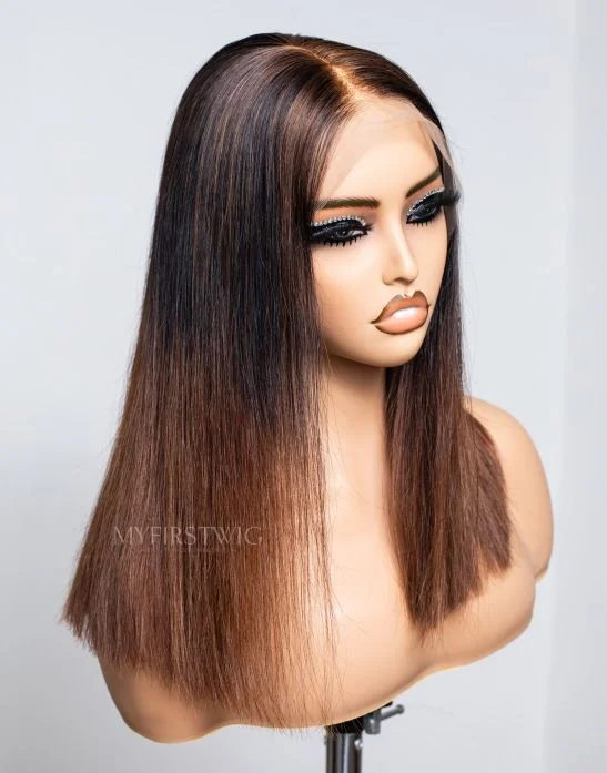 TOUCHEDBYAYE - Human Hair Balayage Ombre Brown Blunt Cut Bob Lace Front Wig - TBA042