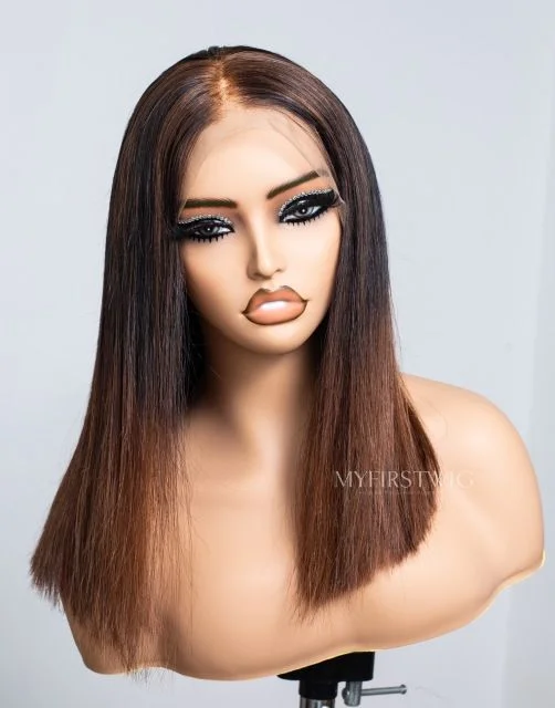 TOUCHEDBYAYE - Human Hair Balayage Ombre Brown Blunt Cut Bob Lace Front Wig - TBA042