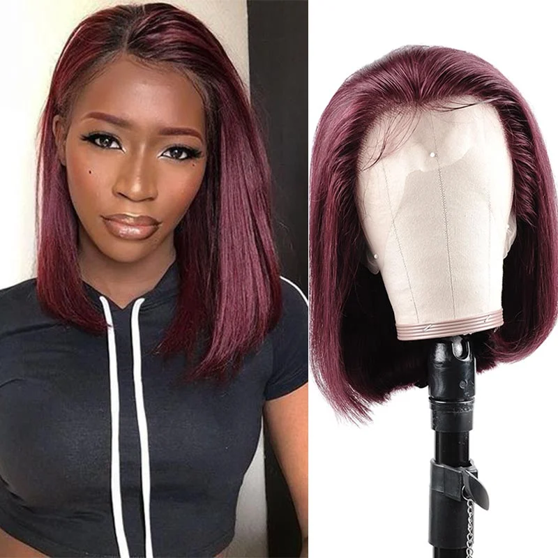 Vrvogue Hair 99J Straight Hair Wig 13*4/4*4 HD Transparent Lace Front Short Bob Wigs 180 210 Density Human Hair Wig