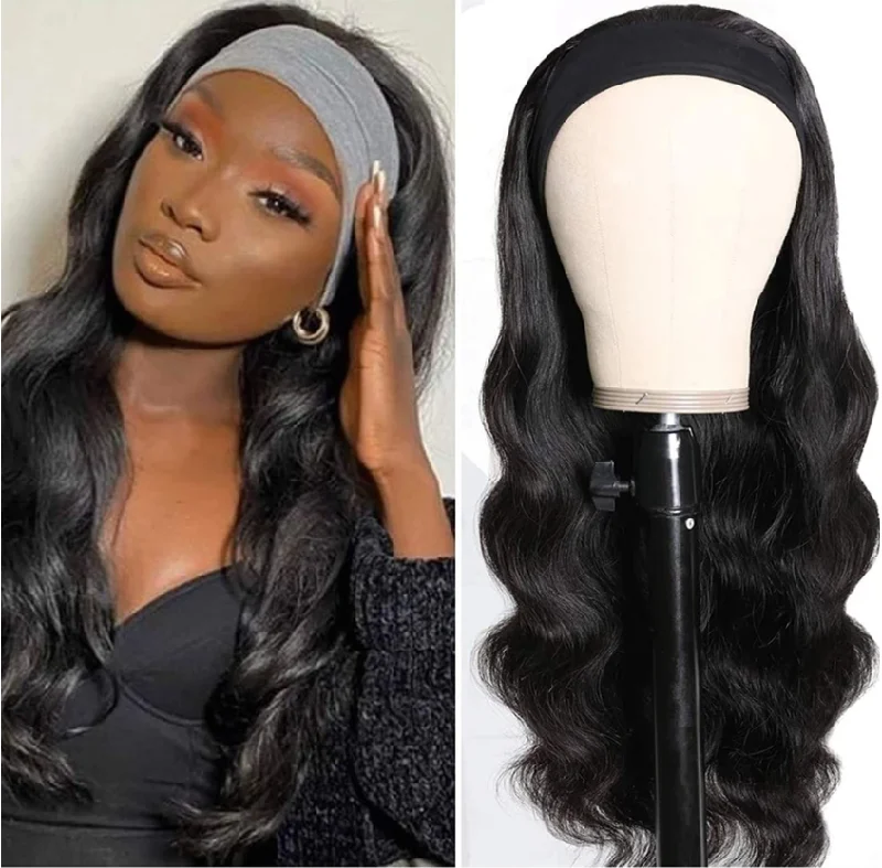 VRVOGUE Brazilian Body Wave Glueless Headband Wigs With Pre-attached Scarf 180 210 Density Natural Color Human Hair Wigs