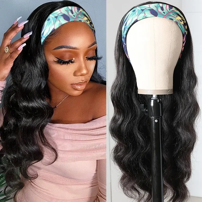 VRVOGUE Brazilian Body Wave Glueless Headband Wigs With Pre-attached Scarf 180 210 Density Natural Color Human Hair Wigs