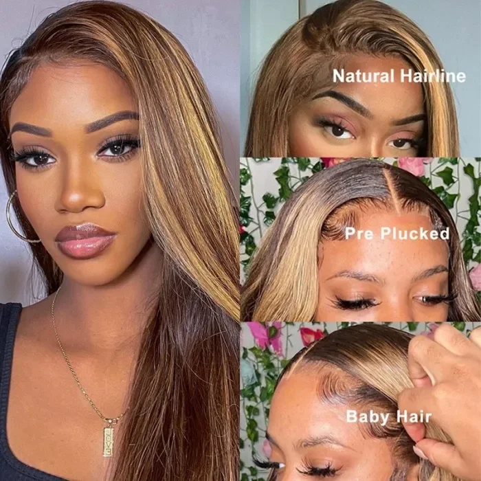 Vrvogue Hair Straight Honey Blond Highlight 13*4 Lace Front Virgin Human Hair Wigs Pre Plucked With Baby Hair