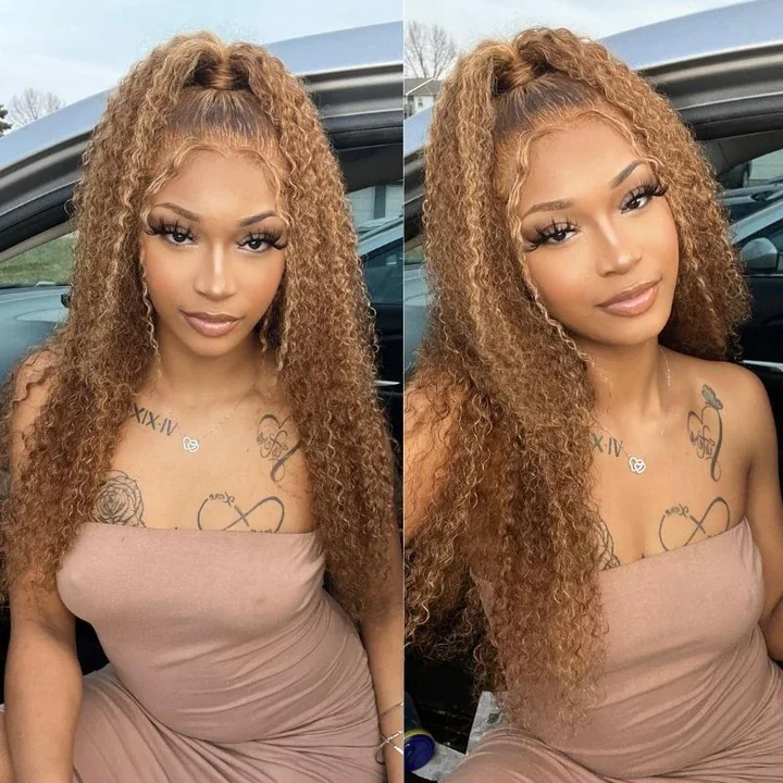 Vrvogue Honey Blonde Highlight Lace Frontal Wig Pre Plucked Jerry Curly Human Hair Wigs