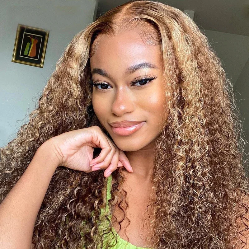 Vrvogue Honey Blonde Highlight Lace Frontal Wig Pre Plucked Jerry Curly Human Hair Wigs