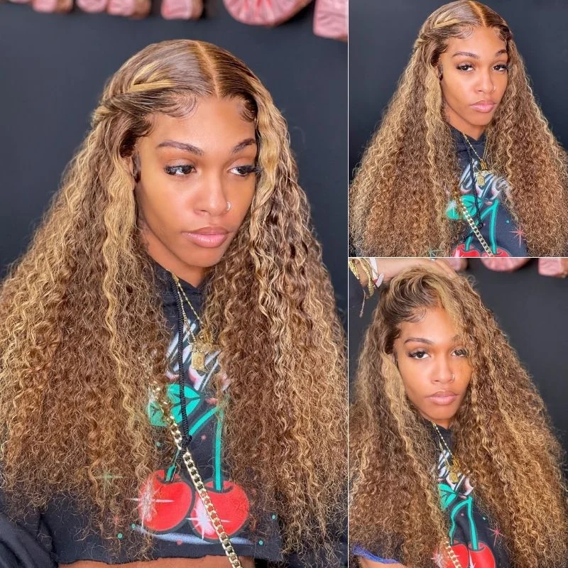 Vrvogue Honey Blonde Highlight Lace Frontal Wig Pre Plucked Jerry Curly Human Hair Wigs