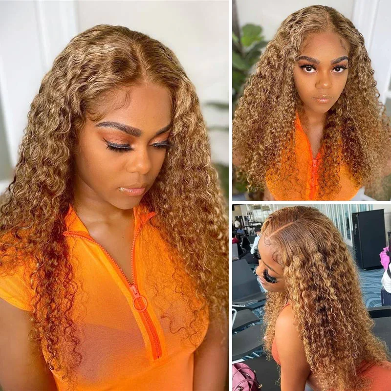 Vrvogue Honey Blonde Highlight Lace Frontal Wig Pre Plucked Jerry Curly Human Hair Wigs