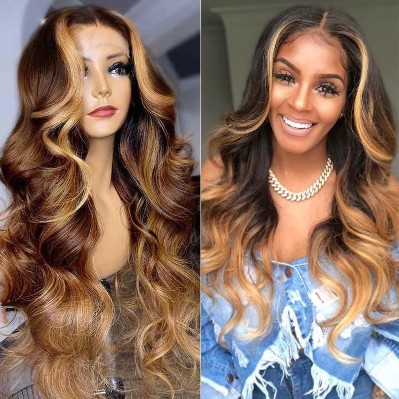 Vrvogue Hair Ombre Honey Brown Highlight Wigs Body Wave Transparent 13x4/T Part/4x4 Lace WigsHuman Hair