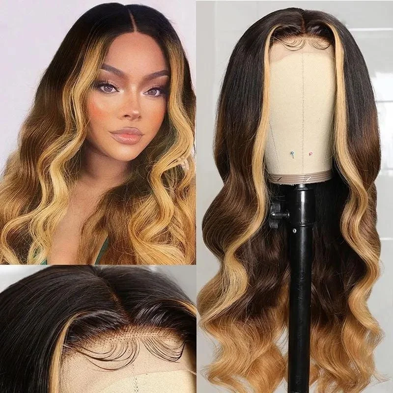 Vrvogue Hair Ombre Honey Brown Highlight Wigs Body Wave Transparent 13x4/T Part/4x4 Lace WigsHuman Hair