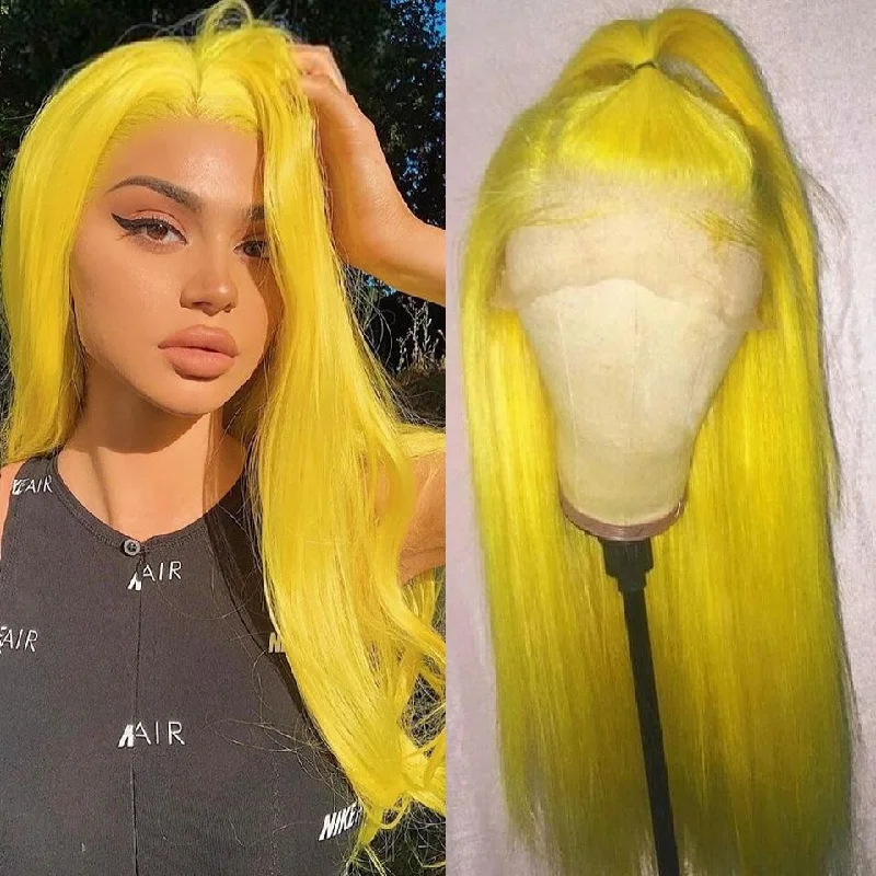 Yellow Colored 13x4 / T Part/4 x4 Transparent Lace Front Human Hair Wigs Straight Hair Peruvian Women Wig Pre Plucked With Baby Hair