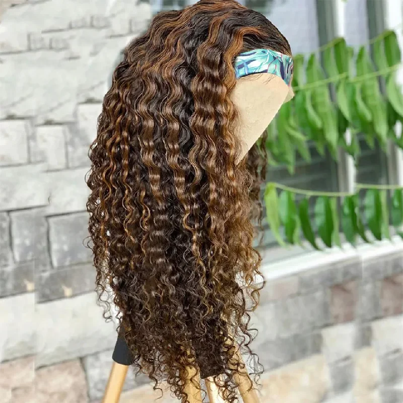 Water Wave Headband Wig Highlight Piano Color Glueless Scarf Wigs 180 210 Density