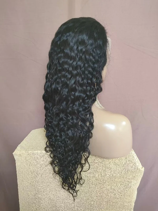 Water Wave Human Hair Lace Frontal Wig Black Color Free Part for Women