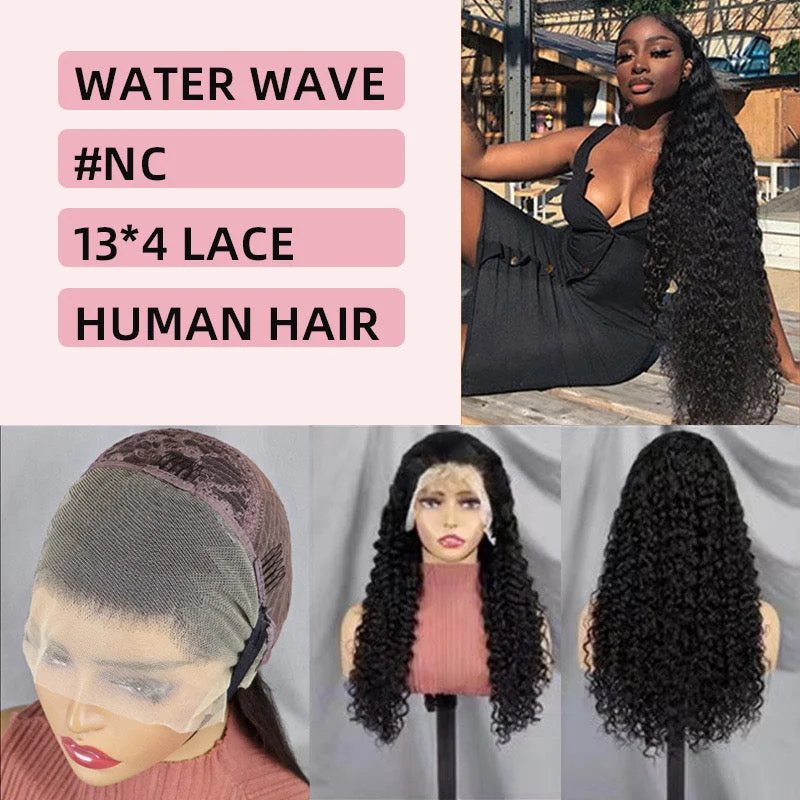 Water Wave Human Hair Lace Frontal Wig Black Color Free Part for Women