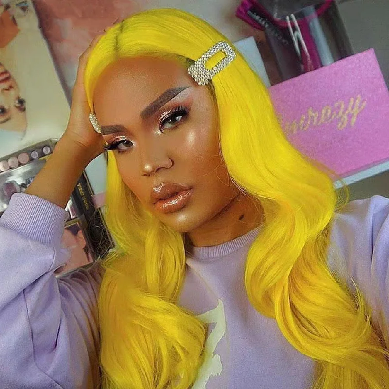 Yellow Colored 13x4 / T Part/4 x4 Transparent Lace Front Human Hair Wigs Body Wave Peruvian Women Wig Pre Plucked With Baby Hair