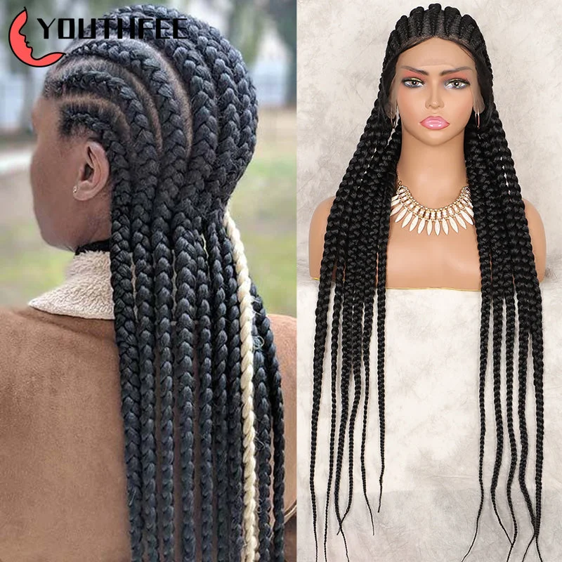 Youthfee Full Head Lace Braided Wigs 36&quot; Cornrow Box Braids Wig With Baby Hair For Black Women Synthetic Lace Front Wigs